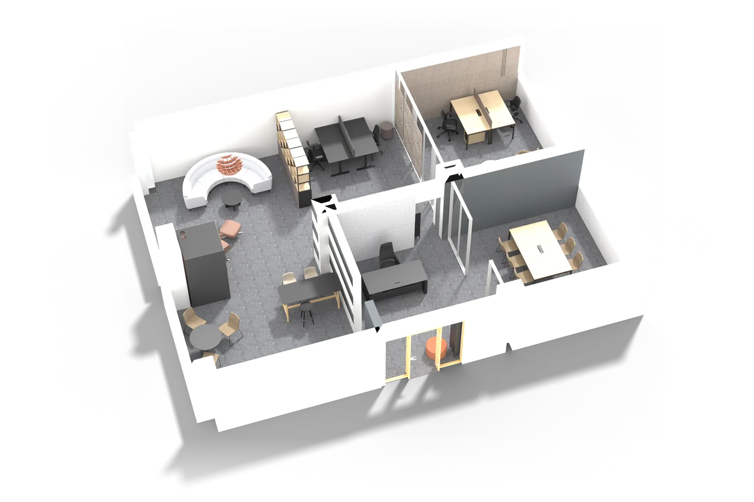 OSPACE biroja 3D plāns ar Narbutas mēbelēm